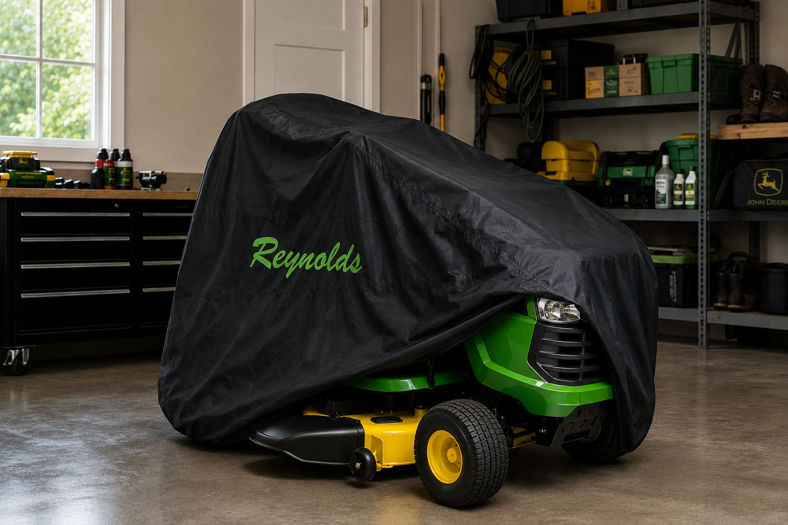 Covered riding mower protected in a garage