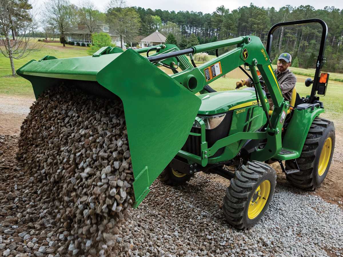 John Deere 3038E Tractor with 300E Loader and Bucket