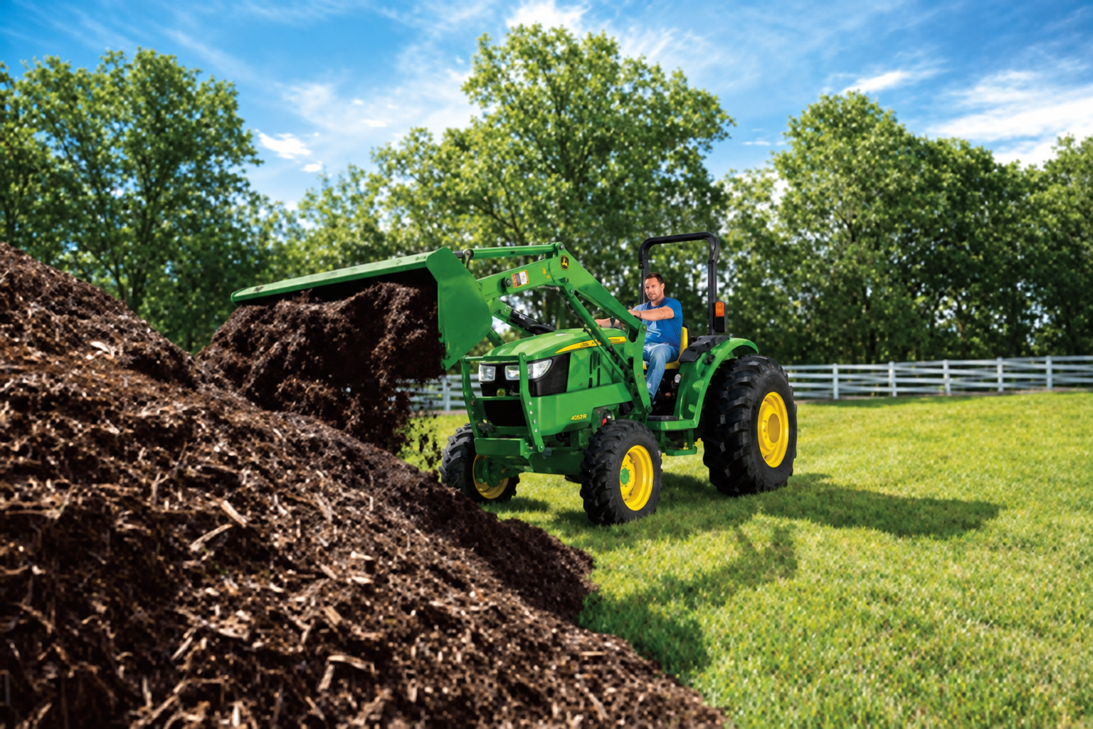 John Deere compact tractor using its loader and bucket to move mulch