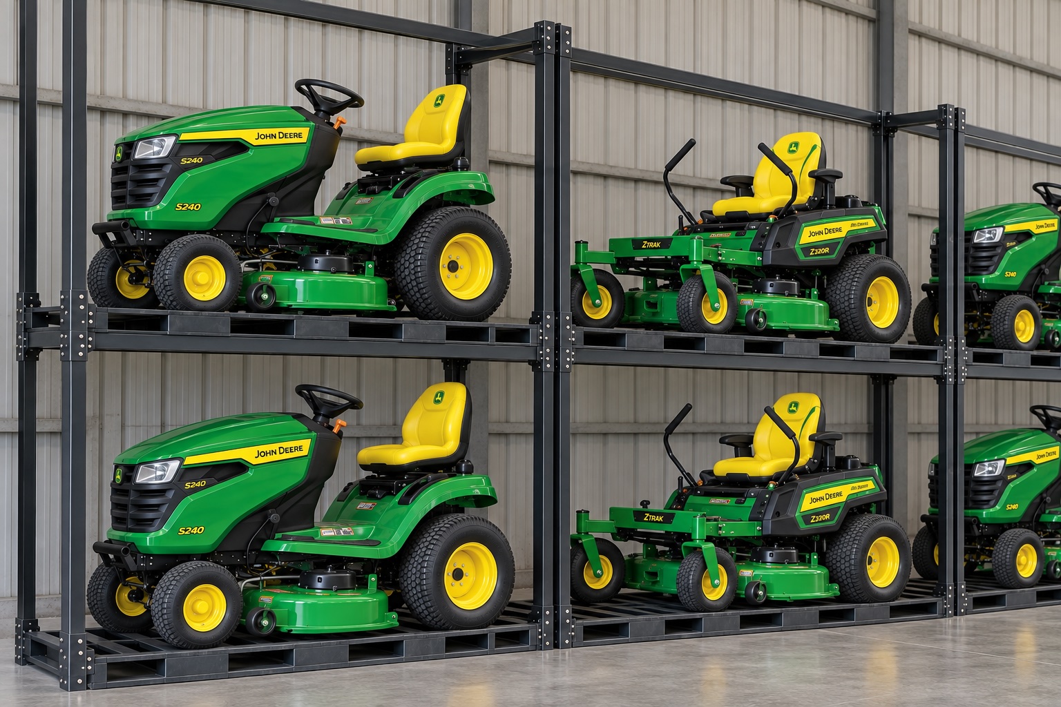 John Deere riding mowers and zero-turn mowers stored on indoor racks