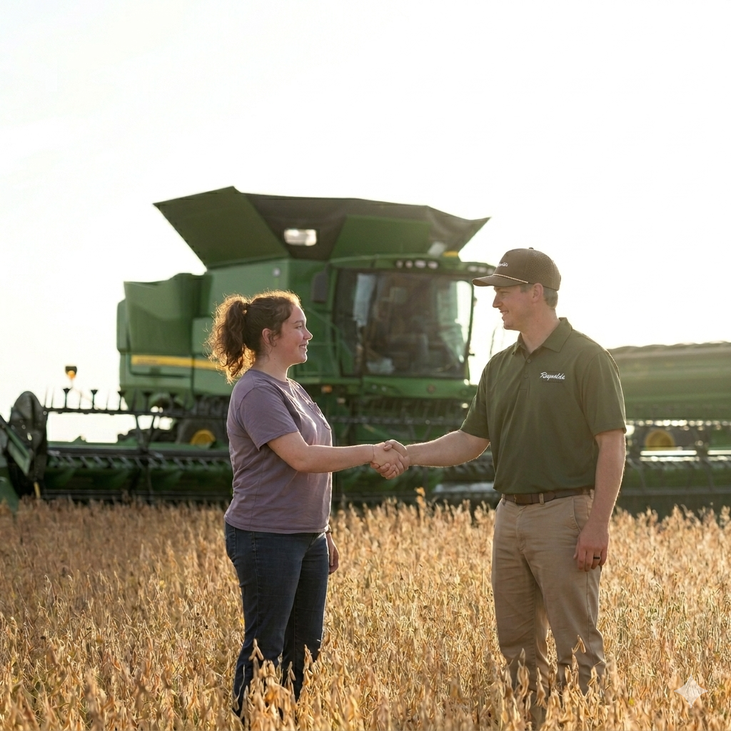 A Reynolds Equipment sales representative greeting a customer in the field