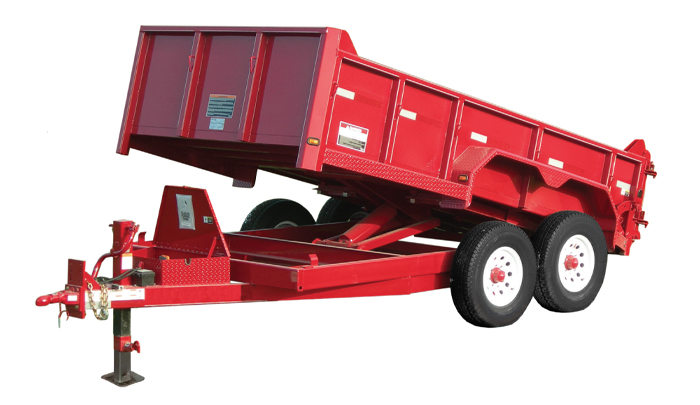 Picture of a quality, red dump trailer on a white background. 