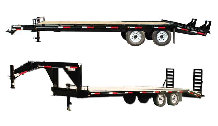 Picture of two quality flatbed trailers on a white background. 