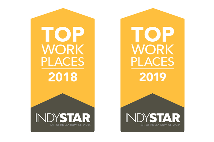 Two banners are horizontally next to each other.  At the bottom, there is a gray triangle that has the Indystar logo. Above that on a yellow background the banners say Top workplaces 2018 and 2019 respectively.