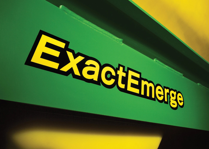 ExactEmerge Planters: An upclose picture of the ExactEmerge title on a piece of equipment.