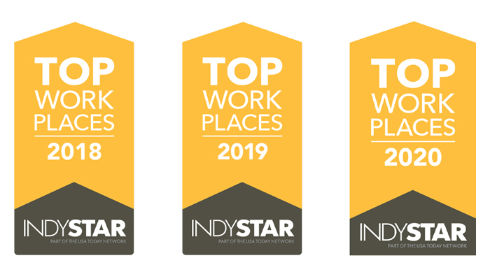 Three banners are placed in a horizontal row. At the bottom of all three banners have a gray triangle with the Indystar logo. The tops of the banners have yellow backgrounds and say Top Workplaces with the years 2018, 2019, and 2020 from left to right. 