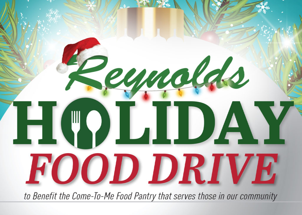 Image of an ornament that says "Reynolds Holiday Food Drive to benefir the com-to-me food pantry that serves those in our community." The R in Reynolds has a santa hat, and there is a string of yellow, green, blue, and red lights underneath "Reynolds". The o in Holiday has negative space that looks like a fork and a spoon. 